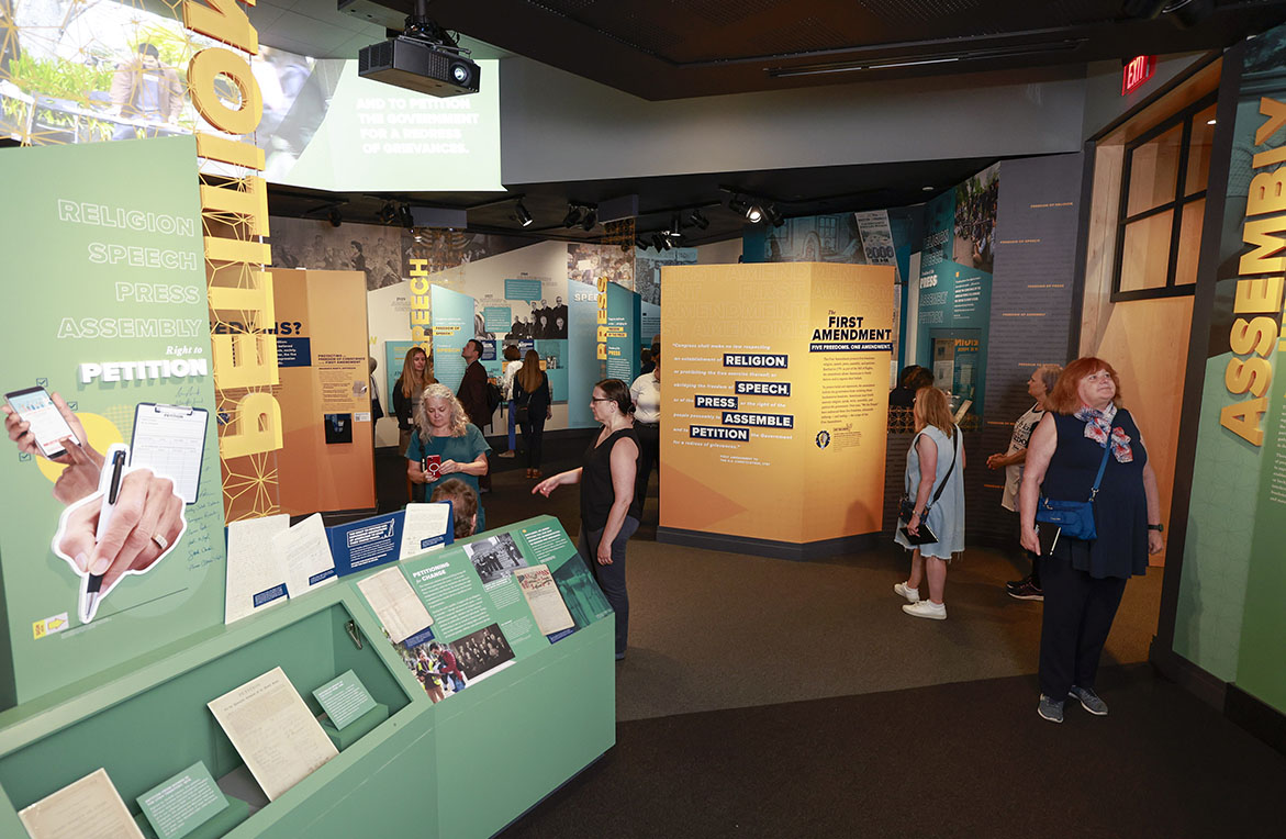 Visitors gathered at the First Amendment Exhibit